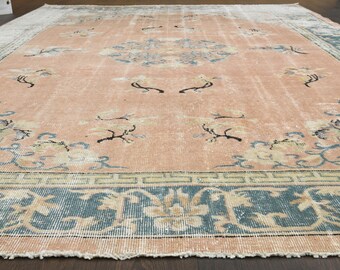 Tappeto turco 7x10, tappeto anatolico vintage, tappeto grande, tappeto Oushak, tappeto di lana, tappeto per soggiorno, tappeto 7x10, tappeto effetto invecchiato, tappeto per area, 6,6x9,8 piedi
