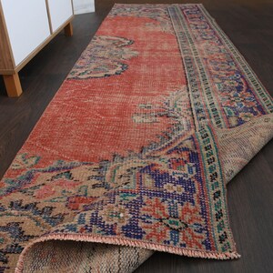 3x9 Faded red blue Oushak rug, Handmade Turkish Vintage rug, Hallway rug, Runner rug, Kitchen rug, 3x9 Rug, One-of-a kind, 2.7x9.5 Ft