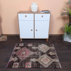3.1x3.8 Ft Handmade small rug, Vintage mini rug, Bath mat, Bathroom rug, Door mat, 3x4 Rug, Neutral wool rug, Laundry rug, Entryway rug