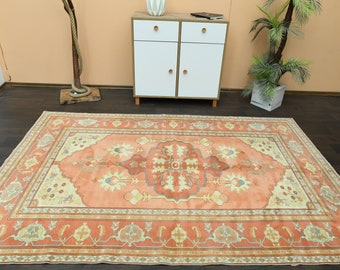 6x9 Antique rug, Orange Beige Rug, Turkish Oushak Rug, Handmade Vintage Rug, 6x9 Area Rug, Living Room Rug, Washable wool rug, 5.7x8.8 Ft