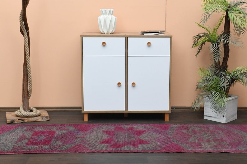 3x9 Handmade Turkish Vintage Rug, Oushak Rug, Antique Pink Gray Wool