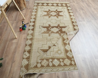 3.6x8.4 ft, One-of-a-Kind, Turkish Entryway Rug, Bath mat, 4x6 Area Rug, Modern Rug, Bohemian Rug, Wool Rug, Beige Brown Muted Colors