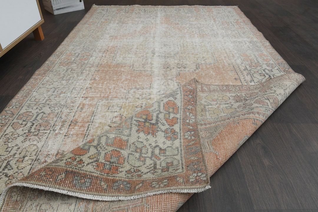 4x8 Faded Orange Gray Turkish Vintage Rug, Handmade Oushak Rug, Hallway ...