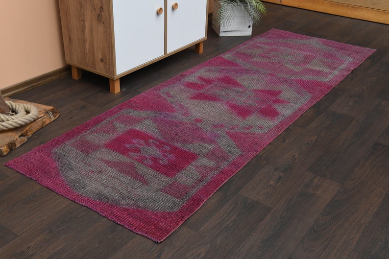 3x9 Handmade Turkish Vintage Rug, Oushak Rug, Antique Pink Gray Wool