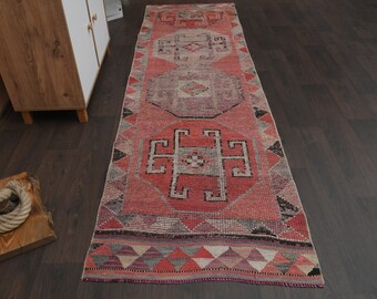 3x10 Faded vintage red purple rug, Handmade rug, Oushak rug, Turkish rug, Geometric rug, Wool rug, 3x10 Runner rug, Kitchen rug, 2.9x9.8 Ft