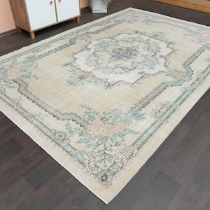 7x11 Unique Motif Rug, Handmade Luxury Rug, 7x11 Oushak Rug, 7x11 Turkish Rug, Vintage Rug, 7x11 Area Rug, Beige Pink, Wool Rug, 7.2x10.9 Ft