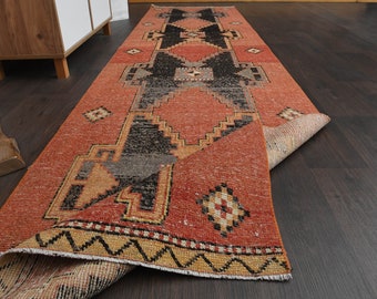 3x11 Red Runner Rug, Farmhouse decor, Oushak wool runner, Handmade Turkish vintage runner, Orange rug, One-of-a-Kind, Boho Decor , 3x11 Rug