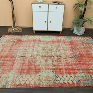 6x9 Antique Rug, Red Beige Rug, Turkish Oushak Rug, Handmade Vintage rug, 6x9 Area rug, Living room rug, Washable wool rug, 6.2x9.2 Ft