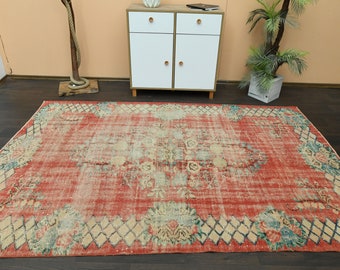 6x9 Antique Rug, Red Beige Rug, Turkish Oushak Rug, Handmade Vintage rug, 6x9 Area rug, Living room rug, Washable wool rug, 6.2x9.2 Ft