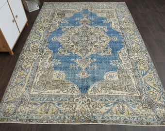 7x10 TURKISH VINTAGE RUG, Blue Beige, Oushak Rug, Wool Rug, Area rug, Living Room Rug, Distressed Rug, 7x10 Rug, Boho Chic Art, 7.1x10.3 Ft