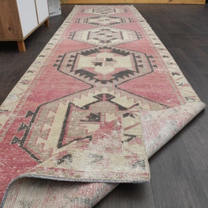 3x14 Pink beige Turkish rug, Handmade vintage rug, Hallway rug, Boho decor, Oushak rug, Wool rug, 3x14 Runner rug, Kitchen rug, 3.4x13.6 Ft