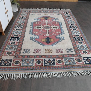 Tapis vintage capitonné rose 7 x 9, tapis turc, tapis Oushak, décoration d&#39;intérieur, cadeau de fête des mères, tapis fait main, tapis en laine, tapis de salon, 6,5 x 9,4 pieds