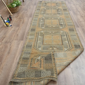 2'9x12'2 ft, VINTAGE TURKISH RUNNER, Oushak Handmade Rug, Wool Antique Rug, Orange Green Rug, 3x12 Runner, Farmhouse Decor, Geometric Motif2