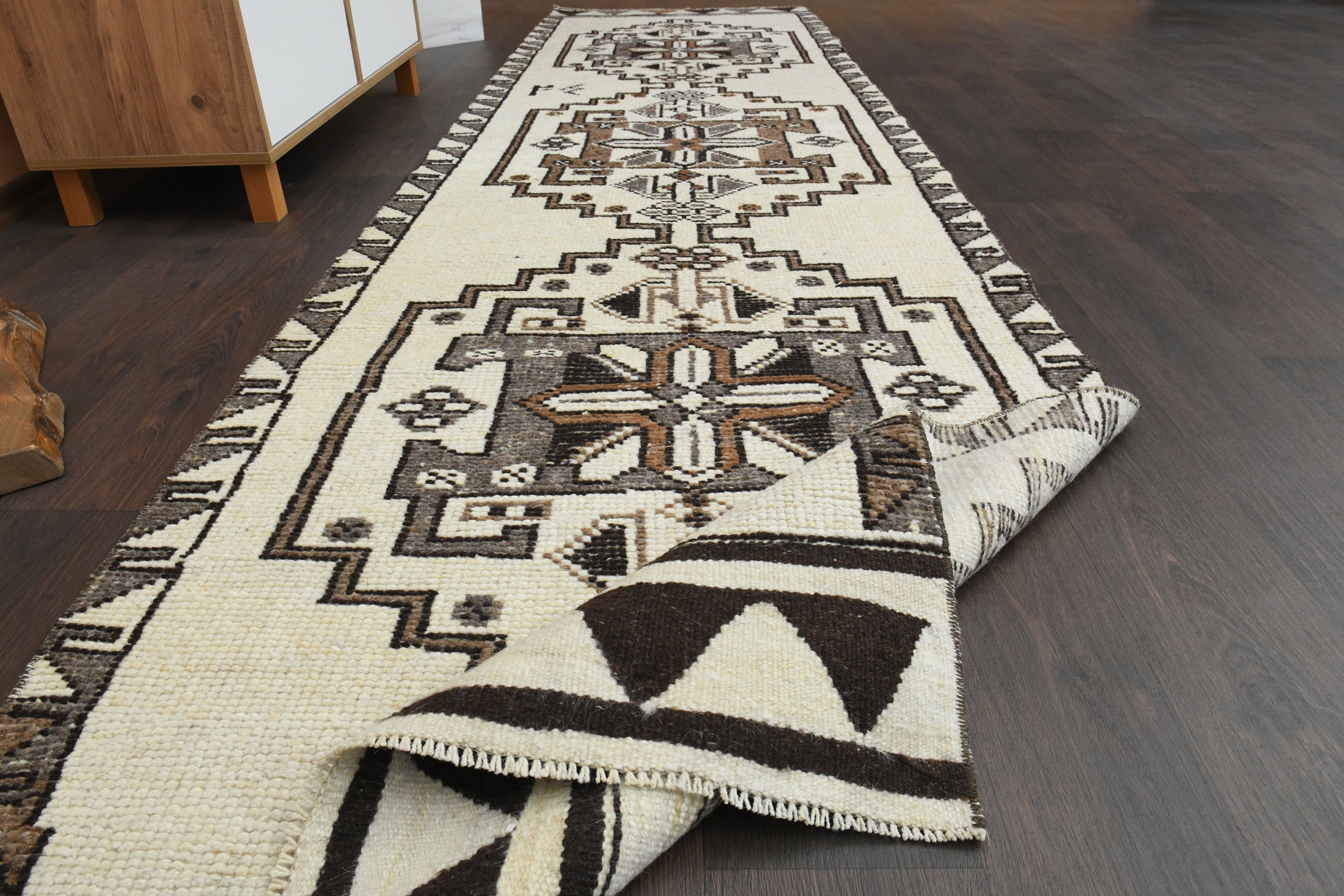 3x12 White Brown Turkish Rug, Handmade Vintage Rug, Antique Oushak