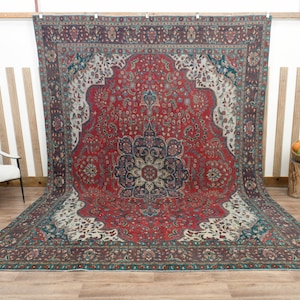 10x13 Vintage Persian Rug, Red Rug, Large Rug, Oversized Area Rug, Wool rug, Handmade rug, Rustic Oriental Carpet, Bohemian Rug, 9.6x12.9 ft