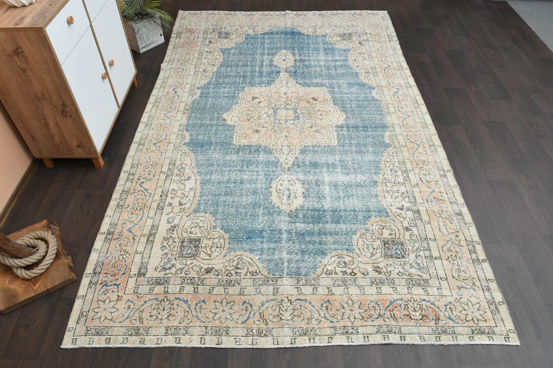7x11 Turkish Rug, Antique Rug, Vintage Rug, Oushak Rug, Faded Blue