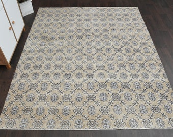 Alfombra antigua beige y marrón de 7 x 9 pies, alfombra turca Oushak, alfombra vintage hecha a mano, alfombra de área de 7 x 9 pies, alfombra de sala de estar, alfombra de lana lavable, 6,9 x 8,6 pies