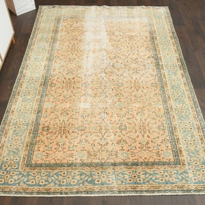 5x8 Faded orange blue antique rug, Handmade wool rug, Turkish Oushak vintage rug, 5x8 Area rug, Orange blue Rug, Livng room rug, 5.2x7.8 Ft