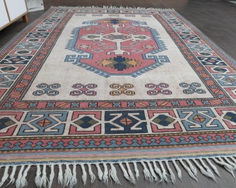 6x9 Pink white blue Oushak rug, Handmade Vintage rug, Turkish rug, Antique wool rug, Large rug, Living room rug, 6x9 Area rug, 6.5x9.4 Ft