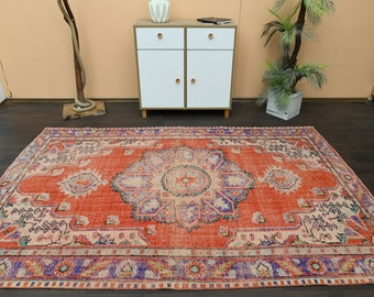 6x9 Antique rug, Orange Purple Rug, Turkish Oushak rug, Handmade Vintage rug, 6x9 Area rug, Living room rug, Washable wool rug, 5.9x9 Ft