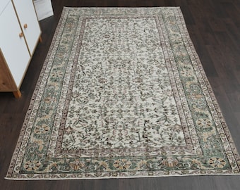 6x8 Antique White Green Rug, Turkish Oushak rug, Handmade Vintage Rug, 6x8 Area rug, Living room rug, Washable wool rug, 5.5x8.2 Ft