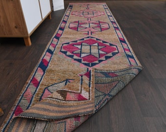 2.7x10.9 Ft Turkish runner rug, Vintage runner, Anatolian rug, Antique rug, Handmade wool rug, Bohemian rug, Pink rug, 3x11 Rug for Kitchen