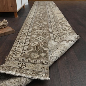 2x14 ft VINTAGE TURKISH RUNNER, Cream Beige, Hallway Runner, Anatolian Rug, Handmade Runner, Tribal Runner, Wool Runner, Antique Runner