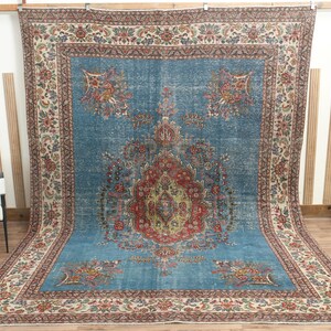 9x12.1 ft, Blue Oushak Rug, Vintage Turkish Rug, Kitchen Decor, Colorful Blue Red, Living Room Rug, 6x7 Wool Rug, Traditional Medallion Rug