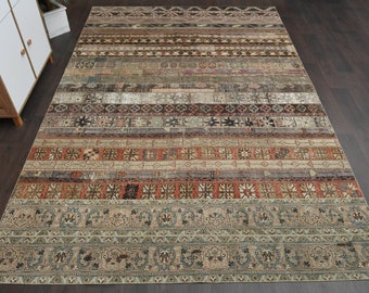 7.4x11.1 Ft Patchwork handwoven rug, Vintage Turkish rug, Oushak rug, Antique wool rug, 7x11 Area rug, Living room rug, Interior designer