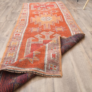 3x9 Vintage Runner Rug, Red Rug Runner, Geometric rug, Hallway rug, Oushak wool rug, Stair runner rug, Kitchen rug, Handmade Rug, Wool Rug