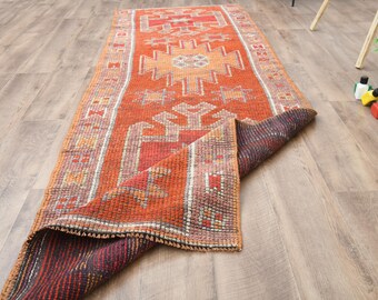 3x9 Vintage Runner Rug, Red Rug Runner, Geometric rug, Hallway rug, Oushak wool rug, Stair runner rug, Kitchen rug, Handmade Rug, Wool Rug