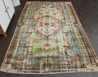 6x9 Faded Orange Green, Turkish Oushak rug, Handmade Vintage Rug, 6x9 Area rug, Living room rug, Washable wool rug, 5.5x8.5 Ft