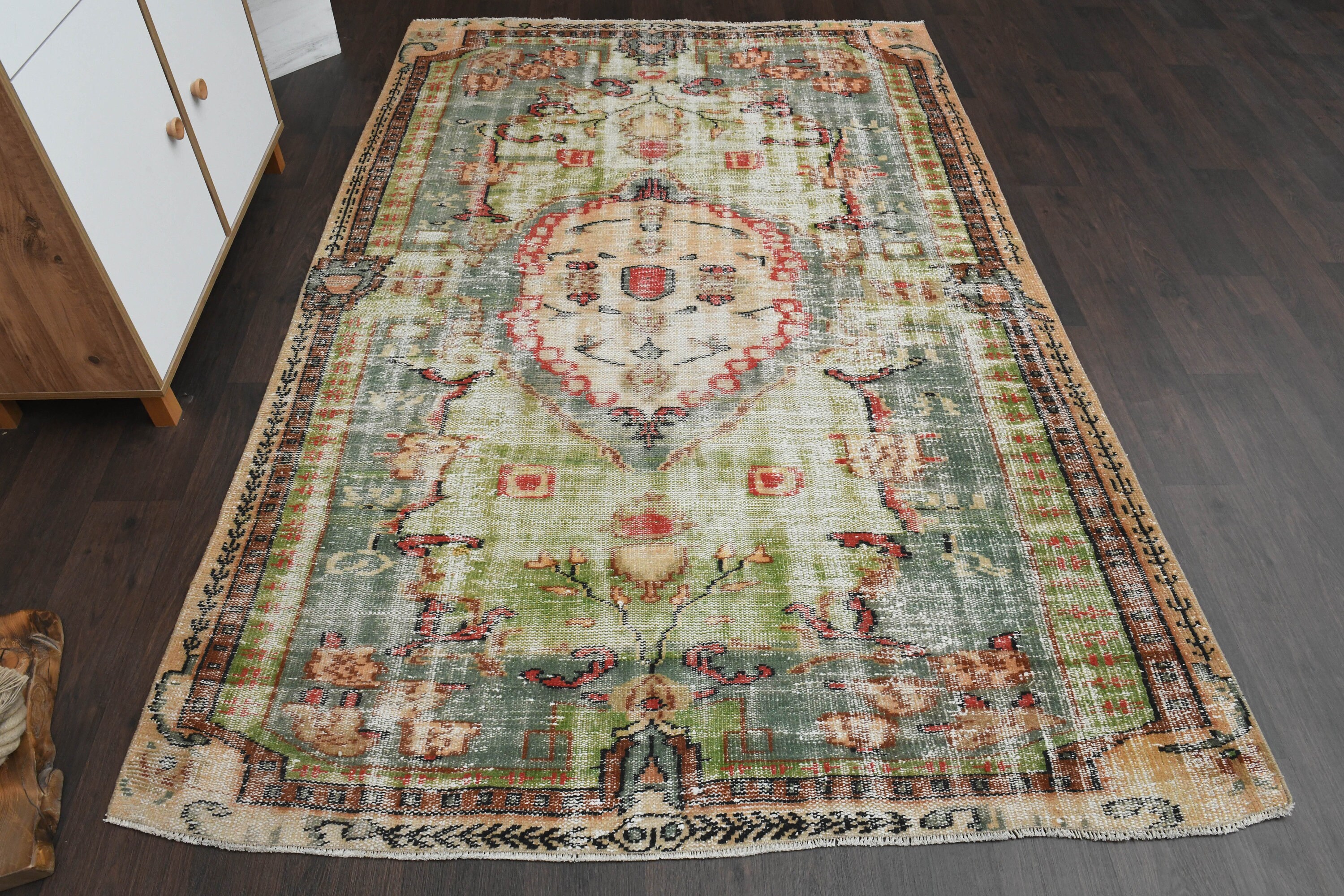 6x9 Faded Orange Green, Turkish Oushak rug, Handmade Vintage Rug, 6x9 Area rug, Living room rug, Washable wool rug, 5.5x8.5 Ft