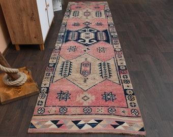 3.0x10.7 Ft Turkish runner rug, Vintage runner, Anatolian rug, Antique rug, Handmade wool rug, Bohemian rug, Pink rug, 3x11 Rug for Kitchen