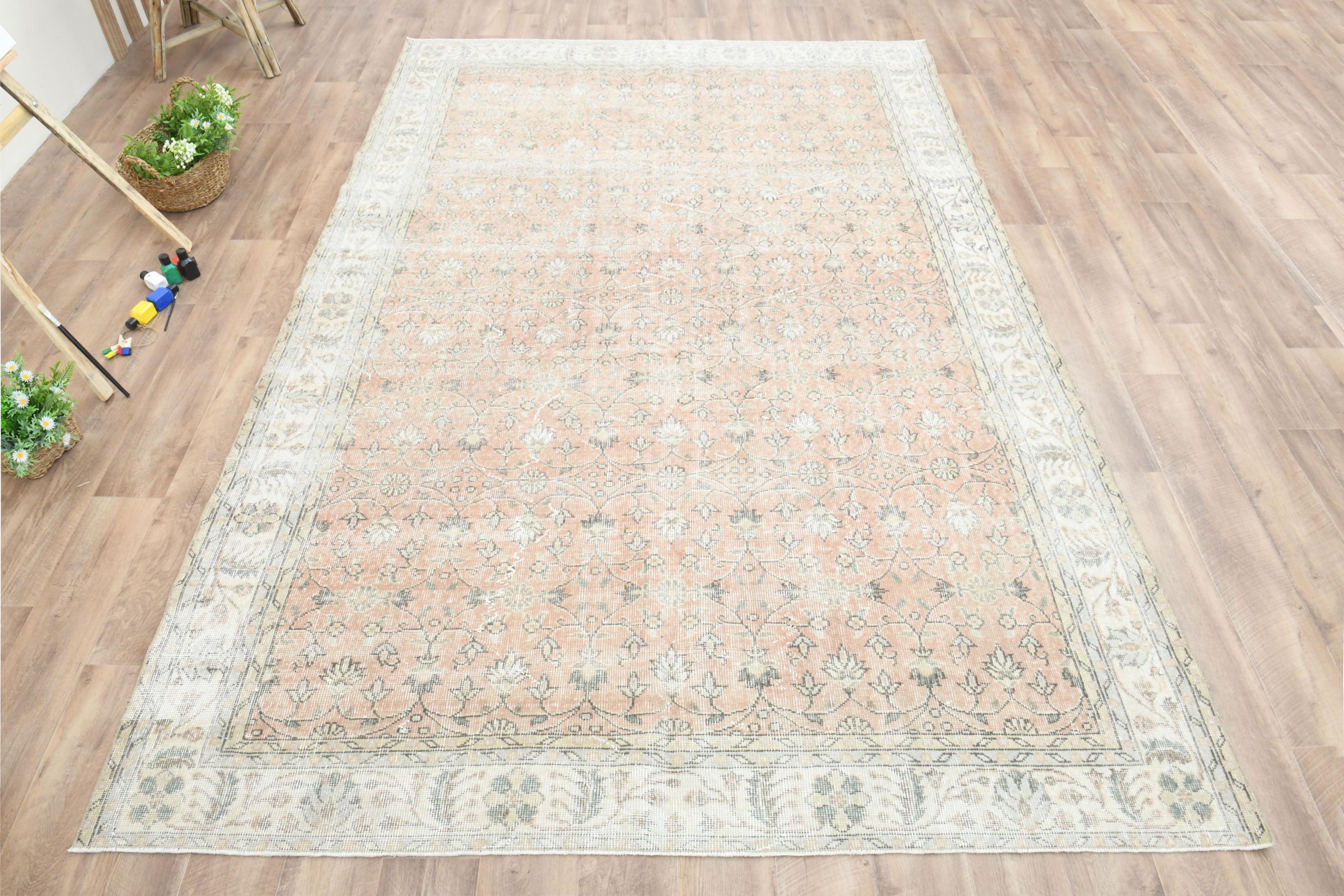 7x10 Orange Floral Vintage Rug, Handmade Turkish Rug, Oushak Rug
