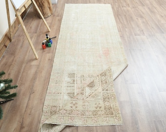3x9 Beige Pink Turkish runner, Handmade rug, Runner rug, Kitchen rug,  Vintage Oushak runner, Wool rug, Hallway rug, 3x9 Rug, 3.1x8.9 ft