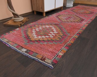3.2x10.7 Ft Turkish rug, Vintage rug, Anatolian rug, Oushak rug, Hallway rug, Wool rug, Entryway rug, Pink rug, Kitchen rug, 3x11 Runner rug