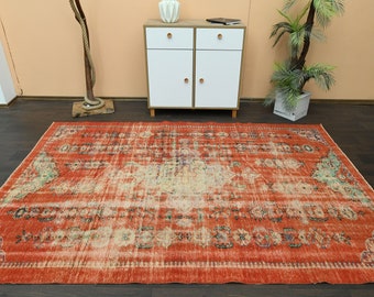 6x9 Antique rug, Orange Green Rug, Turkish Oushak Rug, Handmade Vintage Rug, 6x9 Area rug, Living room rug, Washable wool rug, 6.2x9 Ft