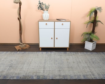 4.0x11.1 Ft Turkish Vintage rug, Handmade Oushak rug, 4x11 Runner rug, Hallway kitchen rug, Antique wool Rug, Distressed orange blue rug