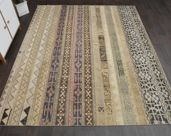 7.8x9.4 Ft Patchwork handwoven rug, Vintage rug, Turkish rug, Oushak rug, Antique wool rug, 8x9 Area rug, Living room rug, Interior designer