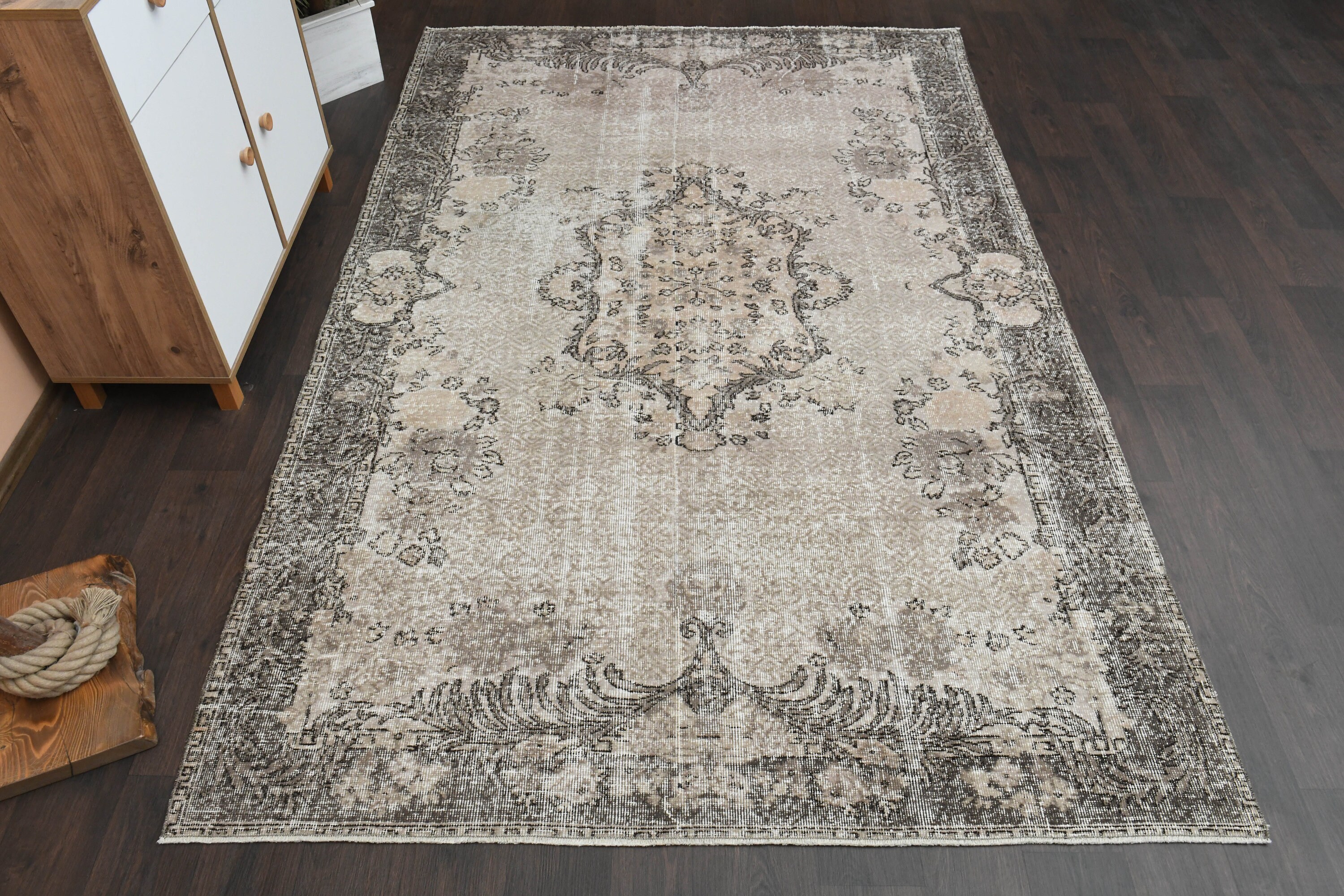 6x10 Antique Rug, Beige Brown Rug, Turkish Oushak Rug, Handmade