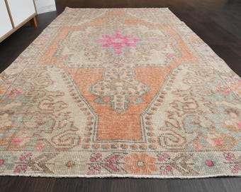 4x7 Floral Orange Teppich, türkischer Vintage Teppich, türkischer Teppich, Vintage Teppich, Teppich, Handgemachter Teppich, Orange türkischer Teppich, 100x200 Vintage Teppich, Wollteppich