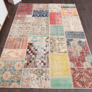 Decoração de fazenda de 4,9 x 6,9 pés, tapete turco vintage, tapete feito à mão na Anatólia, tapete Oushak, tapete 5 x 7 pés, tapete para sala de estar, tapete para quarto