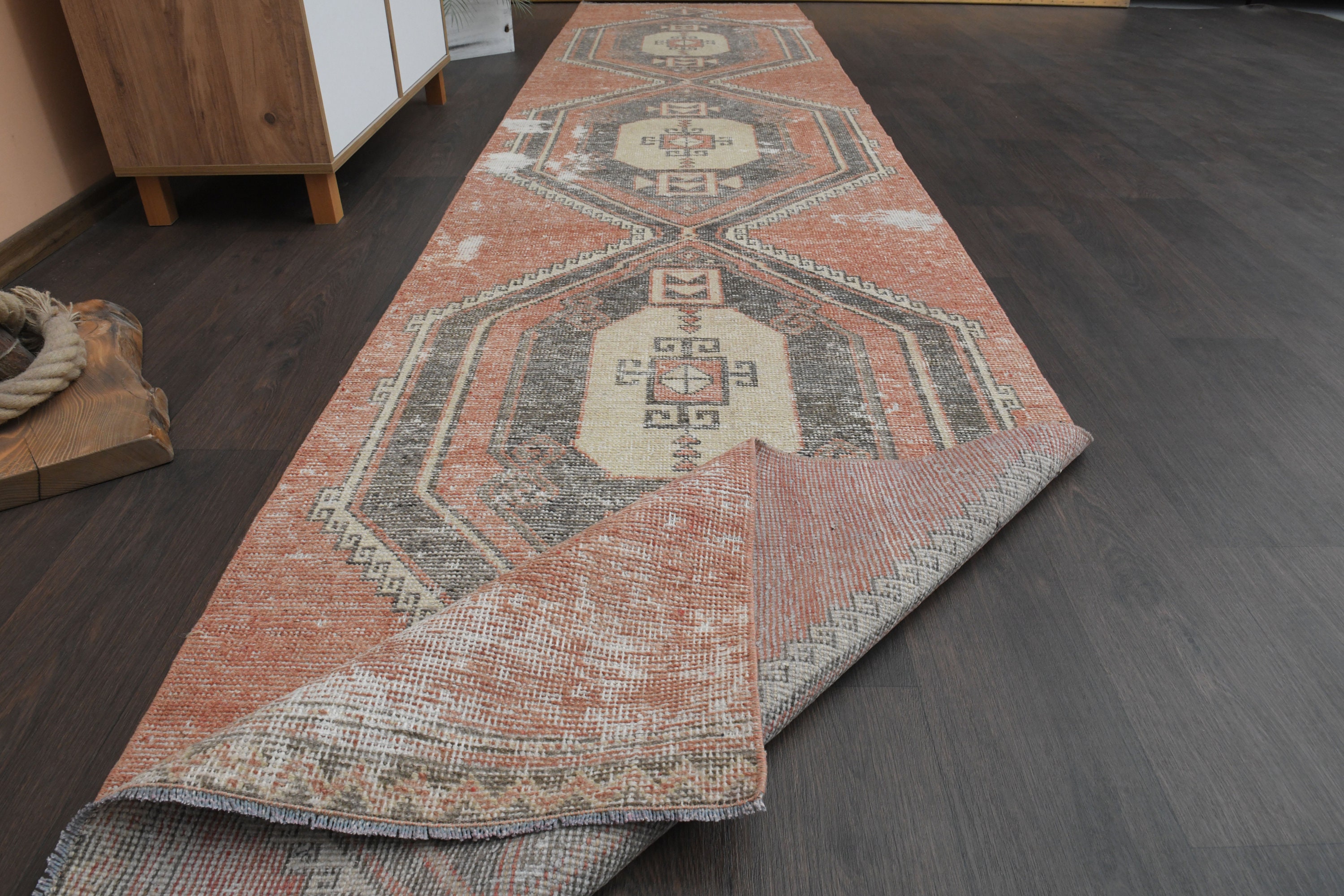 3x14 Faded Red Black Turkish Rug, Handmade Vintage Rug, Hallway