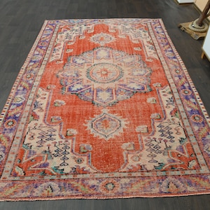 Tapete turco vermelho azul 6x9, tapete minimalista feito à mão, tapete vintage, decoração persa, tapete para sala de estar, tapete 6x9, tapete grande desbotado, decoração de quarto