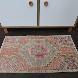 Türkischer Teppich, Türkiser Teppich, Badematte, Badezimmerteppich, Küchenteppich, Pink-beiger Teppich, kleiner Teppich, Unikat 1x3 Fußmatte, 50x70 cm