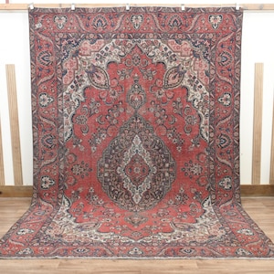 8x11 Persian Vintage Rug, Handwoven Rug, Oriental Area rug, Wool Rug, Oversized rug, Red Rug, Living room rug, Dining Room Rug, 7.6x11 ft