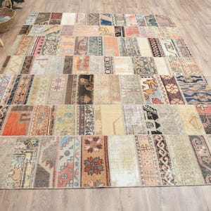 6'3x8'1 ft, meerkleurig patchwork tapijt, vintage Turks wollen handgeknoopt, 6x8 vloerkleed