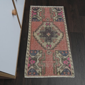 Türkischer Teppich 1x3, Teppich, Badteppich, Badteppich, Überwurf für Küche, Pink Beiger Teppich, Vintage Teppich, Unikat 1x3 Teppich, Fußmatte 1,5x7,5 cm