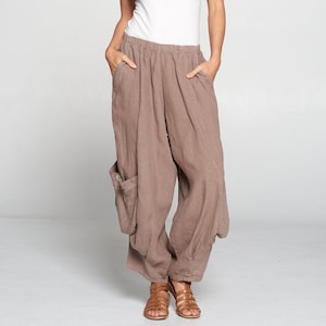 100% Linen Harem pants with big pockets / Breezy natural fiber / Match Point